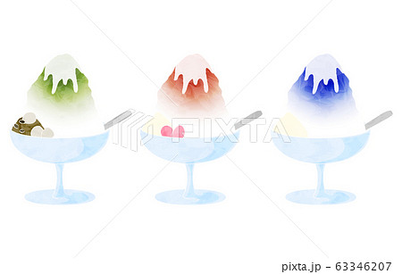 かき氷の三点セット、宇治金時とイチゴ味、ブルーハワイ味 63346207