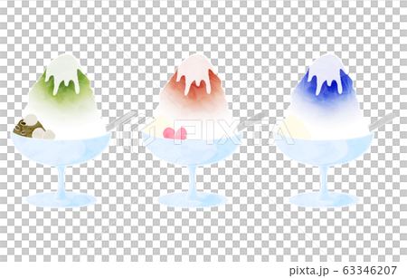 かき氷の三点セット、宇治金時とイチゴ味、ブルーハワイ味 63346207