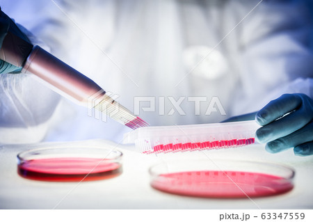 detail of scientist working in the corona virus vaccine development laboratory research with a highest degree of protection gear. detail of scientist working in the corona virus vaccine development laboratory research with a highest degree of protection gear. 63347559