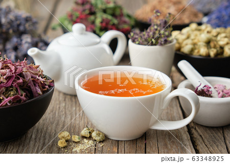 Healthy herbal tea cup. Teapot and medicinal herbs Healthy herbal tea cup. Teapot and medicinal herbs 63348925