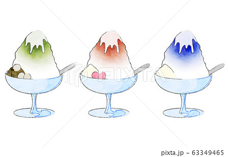 かき氷の三点セット 宇治金時とイチゴ味 ブルーハワイ味のイラスト素材