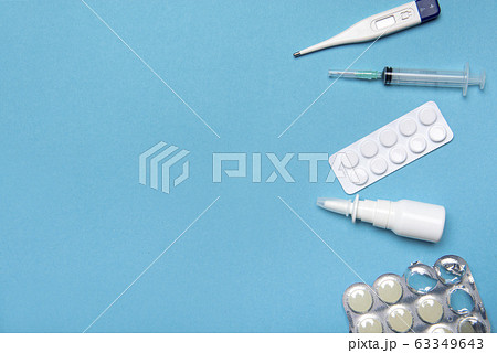 Various medicines for the treatment of a virus as flu 63349643