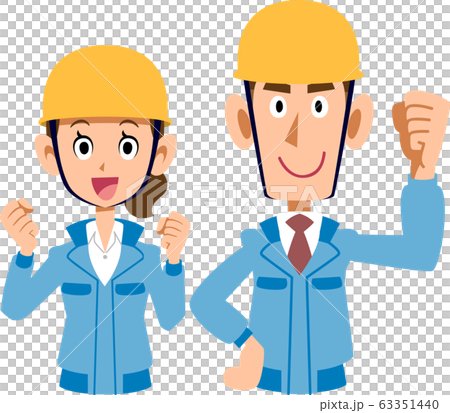 建設現場で働く男性と女性のペア 青い作業着のイラスト素材