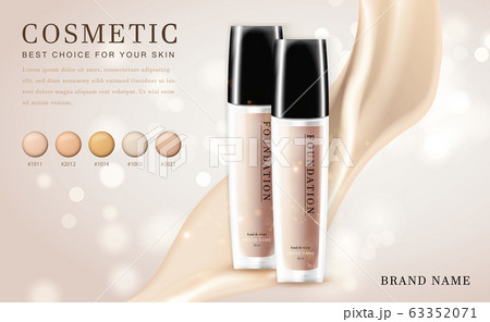 Vector 3D cosmetic make up illustration foundation product bottle with creamy shiny elegant background 63352071