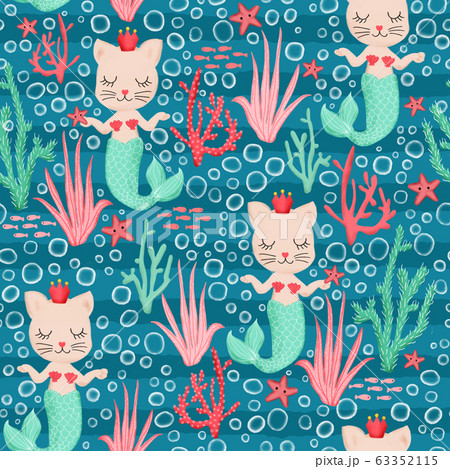 Mermaid cats seamless pattern. Cute Kittys with mermaid tails and crowns between corals and bubbles 63352115