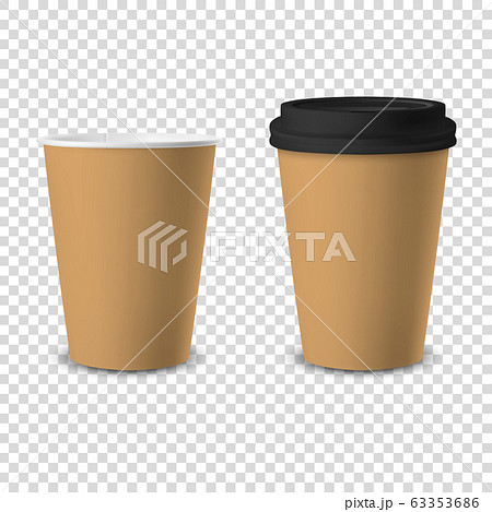 Vector 3d Realistic Brown Disposable Opened and Closed with Black Lid Paper, Plastic Coffee Cup for Drinks Icon Set Closeup Isolated on Transparent Background. Design Template, Mockup. Front View 63353686