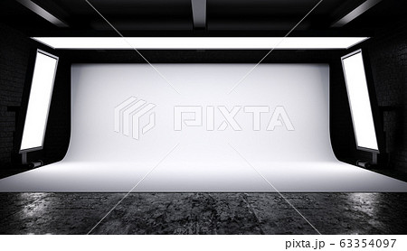 Interior of Photo studio lighting set up with white backdrop in dark room, 3D Rendering 63354097