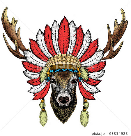 Deer portrait. Head of wild animal. Indian headdress with feathers. Boho style. 63354928