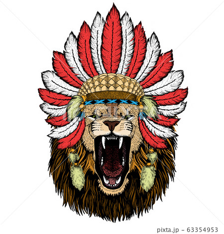 Lion. Wild animal portrait. Face of african cat. Indian headdress with feathers. Boho style. Lion. Wild animal portrait. Face of african cat. Indian headdress with feathers. Boho style. 63354953