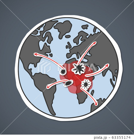 Illustration with planet and virus spreading from Africa to other continents on grey background 63355174