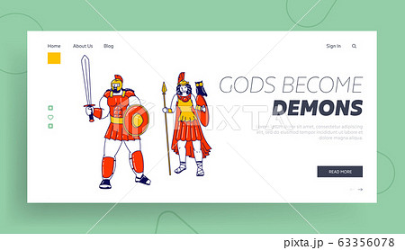 Deities Characters Landing Page Template. Pallas Athene and Ares Mars Olympian God and Goddess of War in Greek and Roman Religion and Mythology Wearing Armor and Owl. Linear People Vector Illustration Deities Characters Landing Page Template. Pallas Athene and Ares Mars Olympian God and Goddess of War in Greek and Roman Religion and Mythology Wearing Armor and Owl. Linear People Vector Illustration 63356078