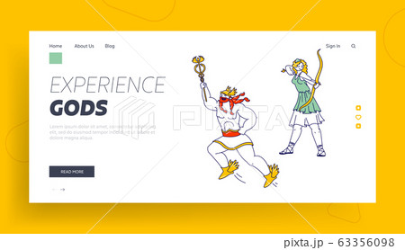 Greece Mythology Characters Landing Page Template. Olympic Gods Hermes or Mercury Patron of Trade and Ancient Goddess of Hunters Artemis or Diana on Mountain Olympus. Linear People Vector Illustration 63356098