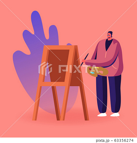 Talented Artist Male Character with Paints Palette and Brush Stand at Easel Canvas Painting, Choose Profession by Heart. Creative Hobby, Drawing on Plein Air, Art Class. Cartoon Vector Illustration 63356274
