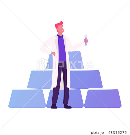 Palladium Mendeleev Table Chemical Element Concept. Tiny Male Scientist Character with Test Tube Stand at Huge Bars Pile, Working in Lab. People Using Pd Metal in Life. Cartoon Vector Illustration 63356276