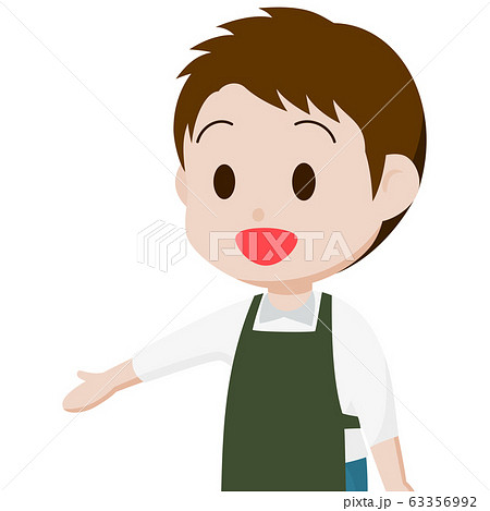 エプロンの男性スタッフ 店員さん お兄さん 案内 紹介 おすすめ カットイラスト 素材のイラスト素材