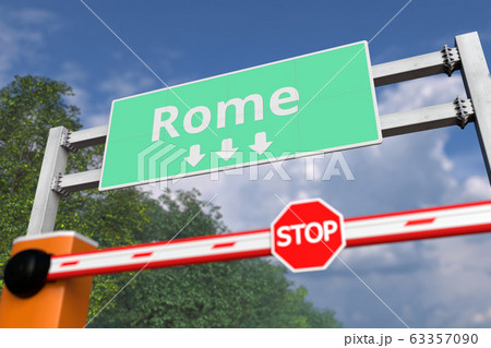 Road block near Rome, Italy road sign. Coronavirus or some other disease quarantine related 3D rendering 63357090