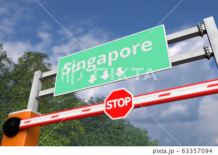 Road closure near Singapore road sign. Coronavirus or some other disease quarantine related 3D rendering 63357094