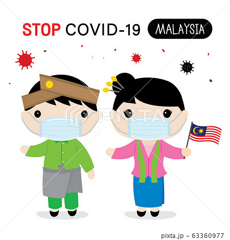Malaysia People to Wear National Dress and Mask to Protect and Stop Covid-19. Coronavirus Cartoon Vector for Infographic.   63360977