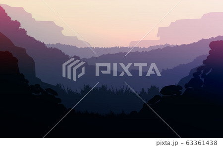 Natural forest mountains horizon hills silhouettes of trees. Evening Sunrise and sunset. Landscape wallpaper. Illustration vector style. Colorful view background. 63361438