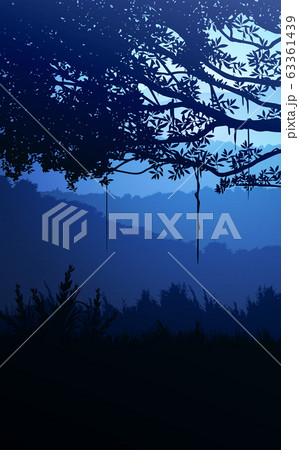 Natural forest mountains horizon hills silhouettes of trees. Evening Sunrise and sunset. Landscape wallpaper. Illustration vector style. Colorful view background. 63361439