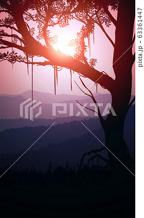 Natural forest mountains horizon hills silhouettes of trees. Evening Sunrise and sunset. Landscape wallpaper. Illustration vector style. Colorful view background. Natural forest mountains horizon hills silhouettes of trees. Evening Sunrise and sunset. Landscape wallpaper. Illustration vector style. Colorful view background. 63361447