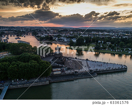 Sunset in Koblenz City Germany historic monument German Corner where the rivers rhine and mosele flow together 63361576