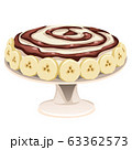 Banana cake with chocolate cream isolated on white background. Illustration for a recipe book of tasty and healthy food. Vector cartoon close-up illustration. 63362573