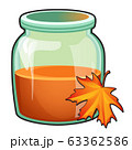 Transparent glass jar with orange liquid and maple leaf isolated on white background. Vector cartoon close-up illustration. 63362586