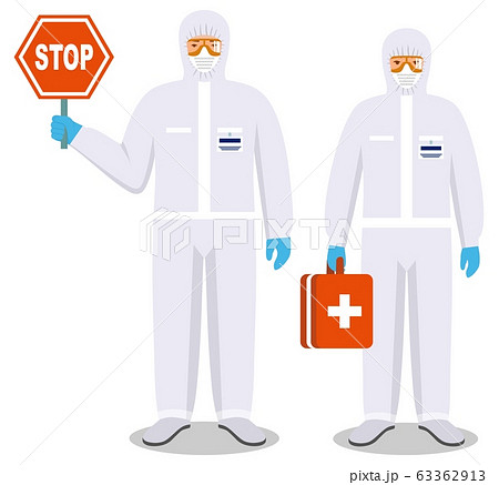 Medical concept. Couple of doctors man and woman standing together in protective suits and masks. Virus, infection, epidemic, quarantine. Dangerous profession. Vector illustration. Medical concept. Couple of doctors man and woman standing together in protective suits and masks. Virus, infection, epidemic, quarantine. Dangerous profession. Vector illustration. 63362913
