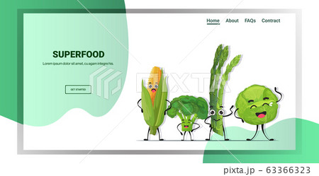 cute fresh corn cabbage asparagus and cabbage characters standing together tasty mascot vegetable personages healthy food concept horizontal copy space 63366323
