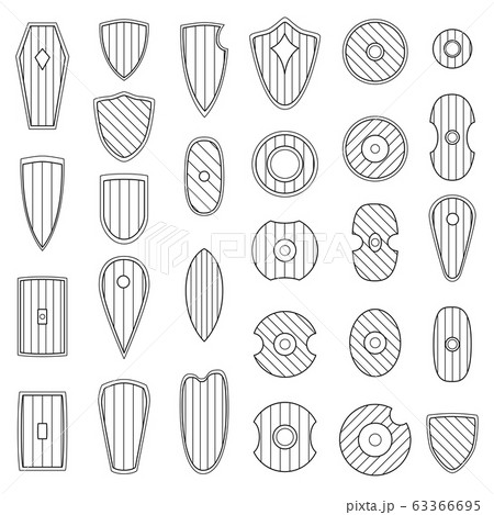 Set of simple monochrome vector images of medieval shields and bucklers drawn by lines. 63366695