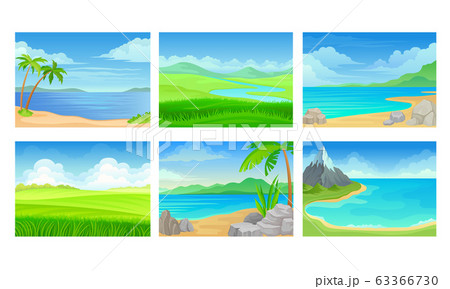 Beach and Mountain Scenes and Landscapes Vector Set 63366730