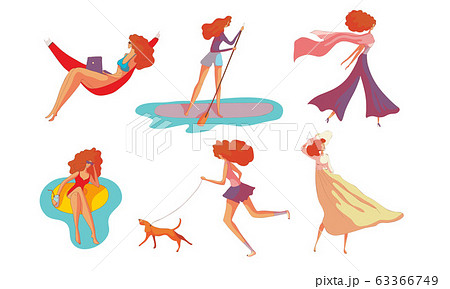 Young Red-haired Woman Sitting in Hammock with Laptop and Walking the Dog Vector Set 63366749