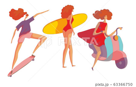 Young Red-haired Woman Holding Surfboard, Skateboarding and Driving Scooter Vector Set Young Red-haired Woman Holding Surfboard, Skateboarding and Driving Scooter Vector Set 63366750