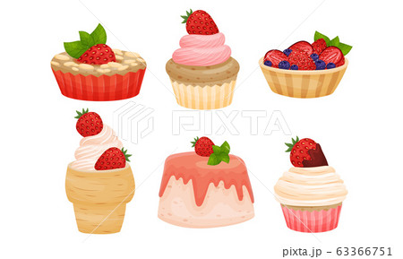 Delicious Cakes and Desserts with Berry and Whipped Cream Toppings Vector Set Delicious Cakes and Desserts with Berry and Whipped Cream Toppings Vector Set 63366751