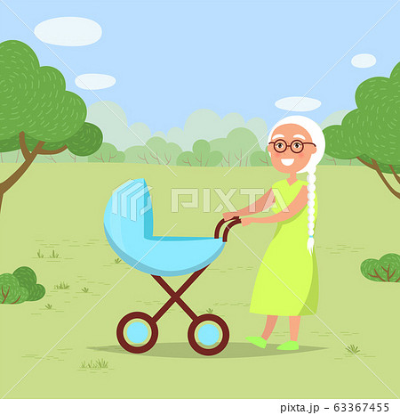 Grandmother With Child In Baby Buggy In Parkのイラスト素材