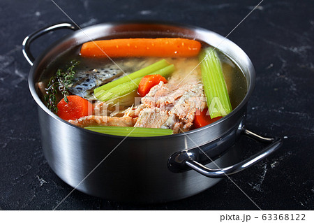 fish broth or soup of salmon, top view 63368122