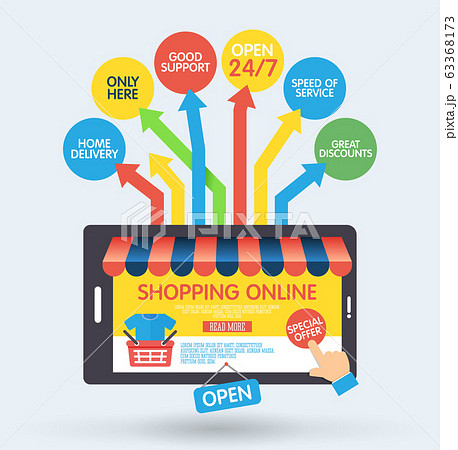 Online shopping concept with smartphone and icons, flat design. Delivery Online shopping concept with smartphone and icons, flat design. Delivery 63368173