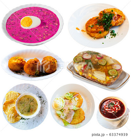 Collage of Belarusian dishes on white background Collage of Belarusian dishes on white background 63374939