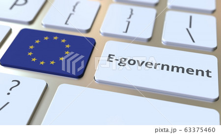 E-government or Electronic Government text and flag of the European Union on the keyboard. Modern public services related conceptual 3D rendering E-government or Electronic Government text and flag of the European Union on the keyboard. Modern public services related conceptual 3D rendering 63375460