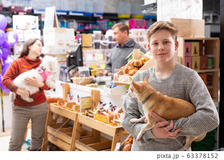 Portrait of a boy with dog in petshop 63378152