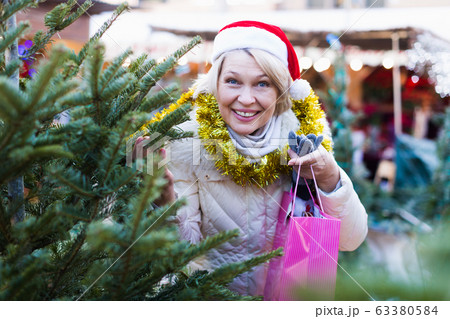 Woman is preparing for Christmas and choosing X-mas tree Woman is preparing for Christmas and choosing X-mas tree 63380584