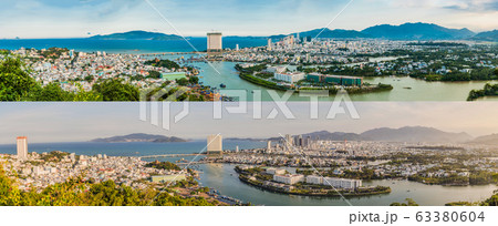 Panorama of the city of Nha Trang 2017 and 2020. City change, Vietnam. Panoramic daytime view of Nha 63380604
