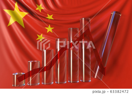 Glass bar chart with downward trend against flag of China. Financial crisis or economic meltdown related conceptual 3D rendering Glass bar chart with downward trend against flag of China. Financial crisis or economic meltdown related conceptual 3D rendering 63382472