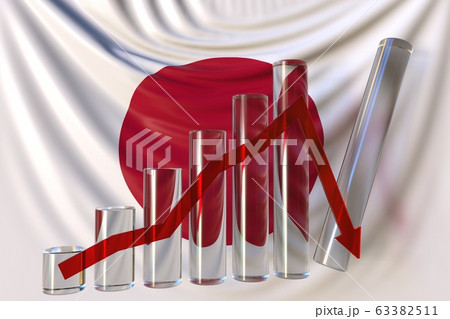 Glass bar chart with downward trend against flag of Japan. Financial crisis or economic meltdown related conceptual 3D rendering Glass bar chart with downward trend against flag of Japan. Financial crisis or economic meltdown related conceptual 3D rendering 63382511