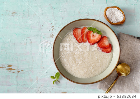 Close up of tapioca pudding with plant-based milk 63382634