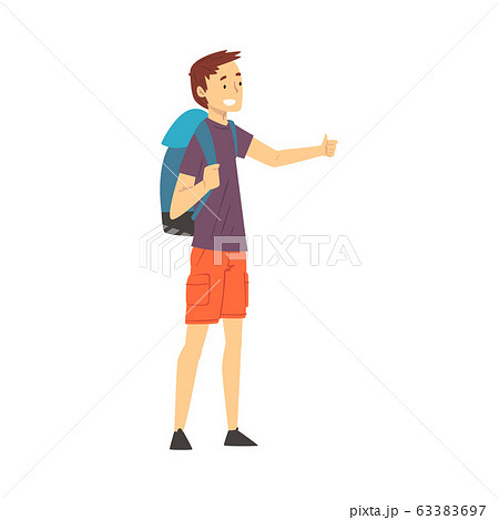 Young Man with Hiking Backpack Standing on the Road Hitchhiking Vector Illustration 63383697