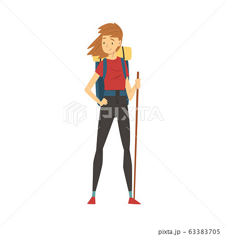 Young Woman Wearing Sportive Clothes Standing with Hiking Backpack on the Road Vector Illustration 63383705