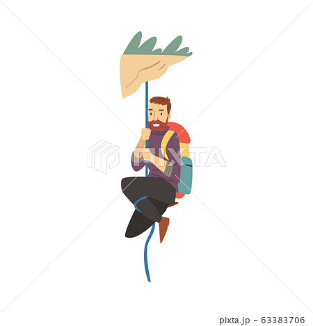 Young Man with Hiking Backpack Climbing the Mountain Using the Rope Vector Illustration 63383706