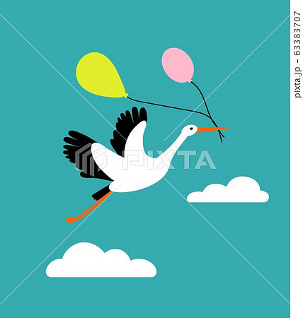 Stork flying in the sky and holding air balloons. Cute bird character for nursery, babyshower 63383707